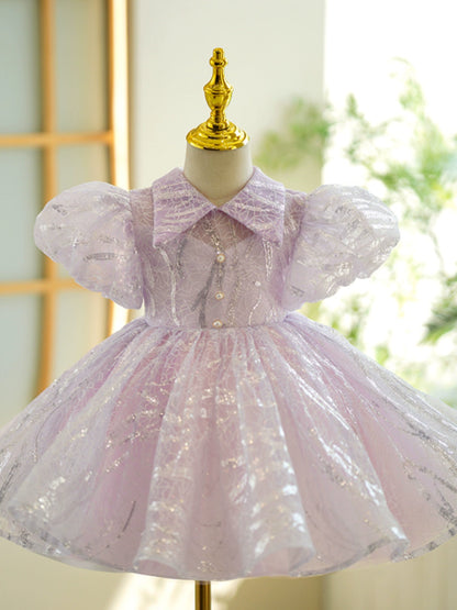 Princess Purple Organza Back Zip Baptism Sequins Tea Length Short Sleeve Puff Sleeve Collared Neck Flower Girl Dress