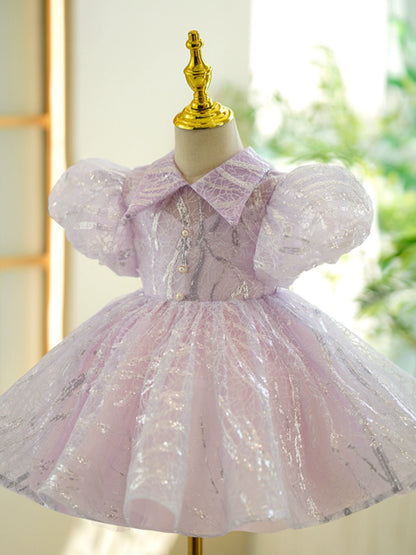 Princess Purple Organza Back Zip Baptism Sequins Tea Length Short Sleeve Puff Sleeve Collared Neck Flower Girl Dress