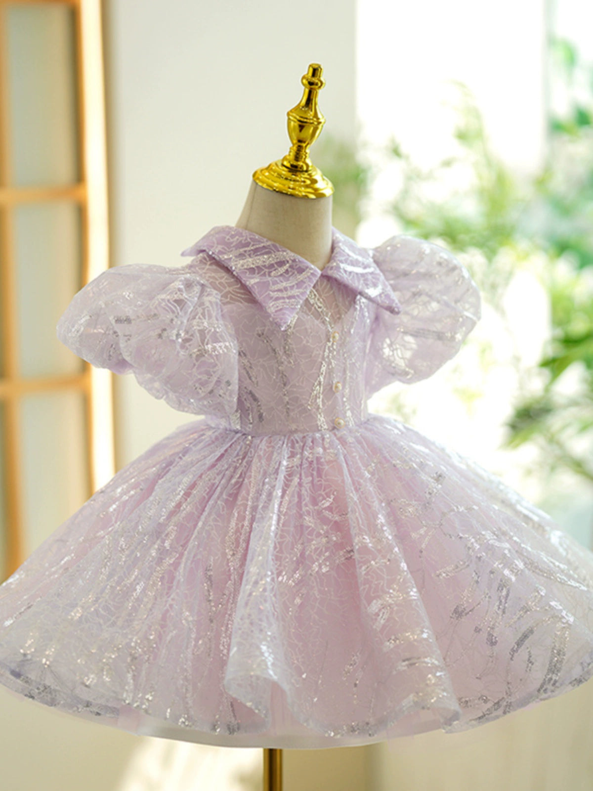 Princess Purple Organza Back Zip Baptism Sequins Tea Length Short Sleeve Puff Sleeve Collared Neck Flower Girl Dress