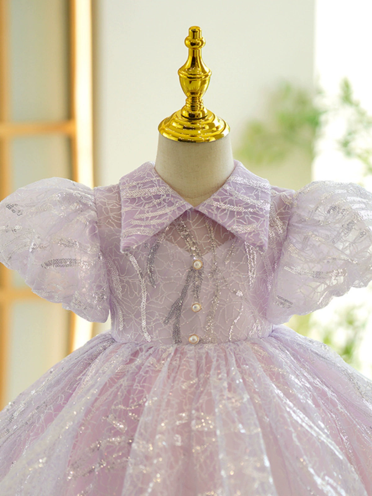 Princess Purple Organza Back Zip Baptism Sequins Tea Length Short Sleeve Puff Sleeve Collared Neck Flower Girl Dress