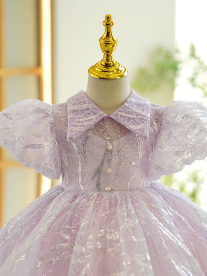 Princess Purple Organza Back Zip Baptism Sequins Tea Length Short Sleeve Puff Sleeve Collared Neck Flower Girl Dress