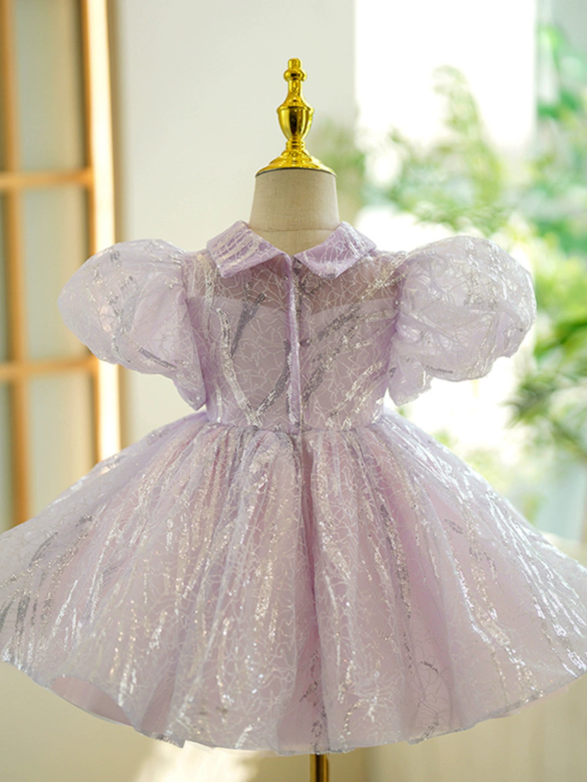 Princess Purple Organza Back Zip Baptism Sequins Tea Length Short Sleeve Puff Sleeve Collared Neck Flower Girl Dress