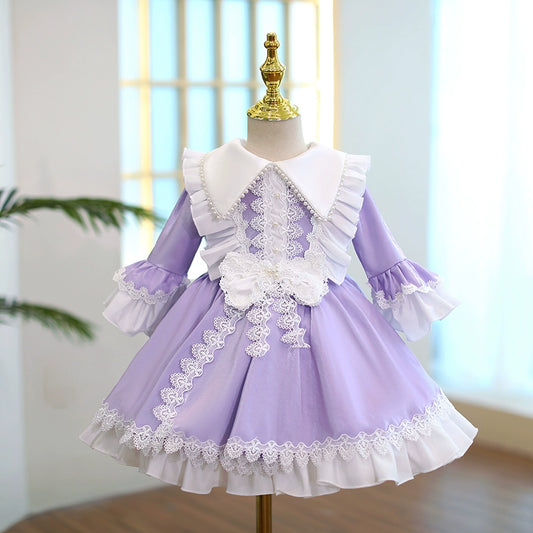 Princess Purple Satin Back Zip Baptism Lace Tea Length Long Sleeve Bell Sleeve Collared Neck Flower Girl Dress