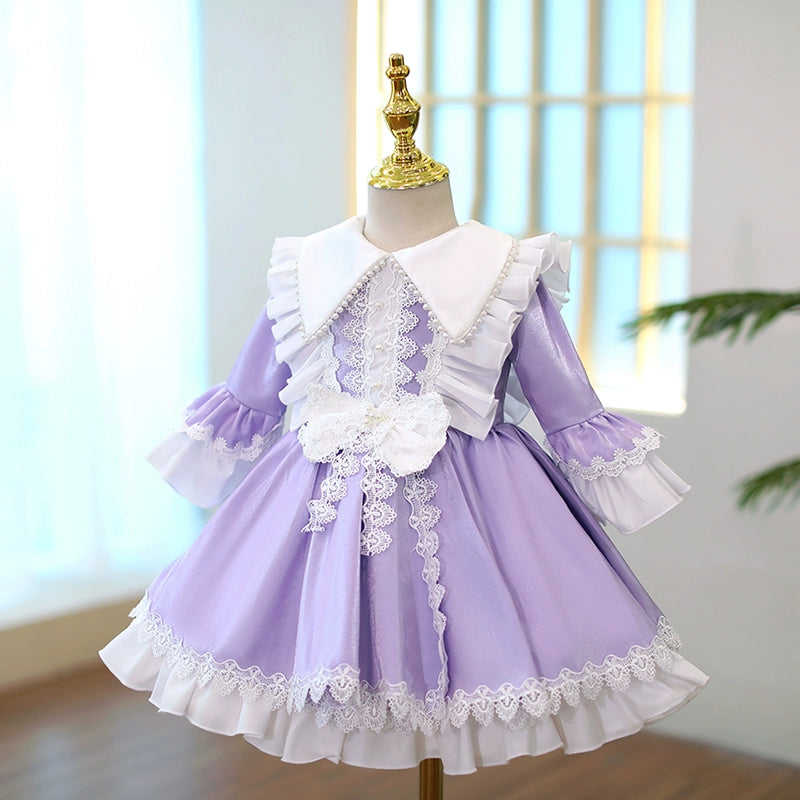 Princess Purple Satin Back Zip Baptism Lace Tea Length Long Sleeve Bell Sleeve Collared Neck Flower Girl Dress