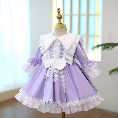 Princess Purple Satin Back Zip Baptism Lace Tea Length Long Sleeve Bell Sleeve Collared Neck Flower Girl Dress