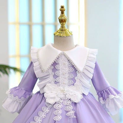 Princess Purple Satin Back Zip Baptism Lace Tea Length Long Sleeve Bell Sleeve Collared Neck Flower Girl Dress