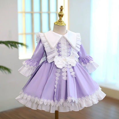 Princess Purple Satin Back Zip Baptism Lace Tea Length Long Sleeve Bell Sleeve Collared Neck Flower Girl Dress