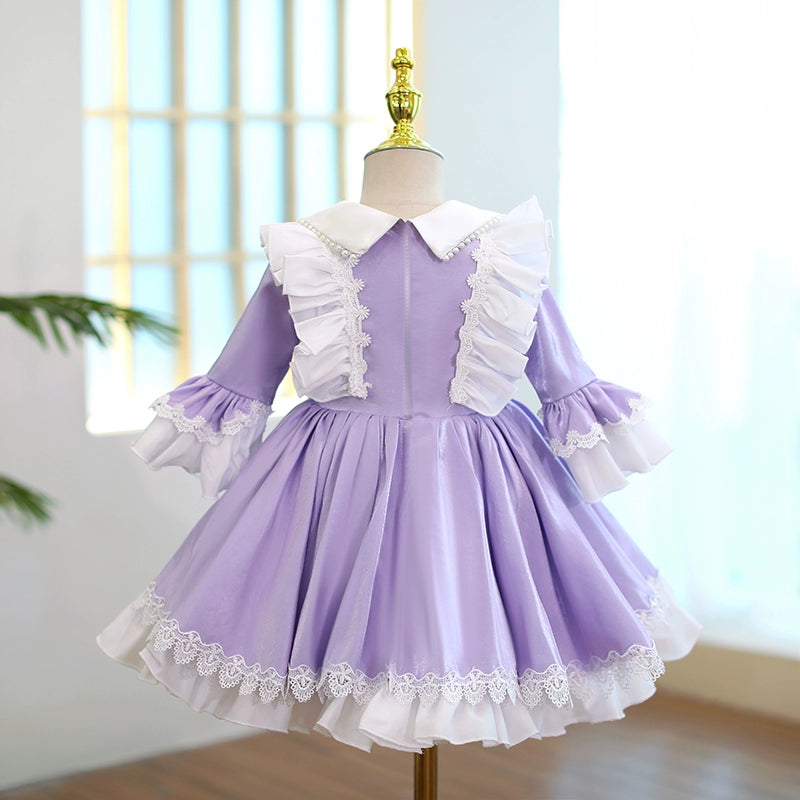 Princess Purple Satin Back Zip Baptism Lace Tea Length Long Sleeve Bell Sleeve Collared Neck Flower Girl Dress