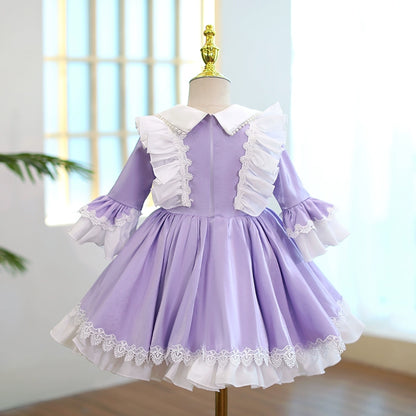 Princess Purple Satin Back Zip Baptism Lace Tea Length Long Sleeve Bell Sleeve Collared Neck Flower Girl Dress