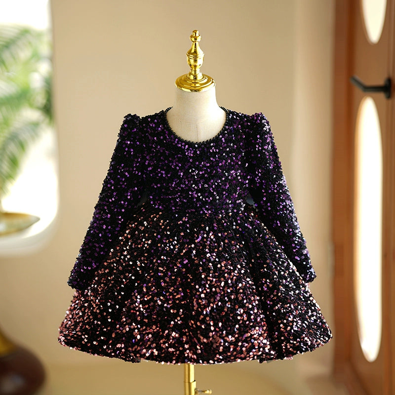 Princess Purple Sequined Back Zip Baptism Bow(s) Tea Length Long Sleeve Round Flower Girl Dress