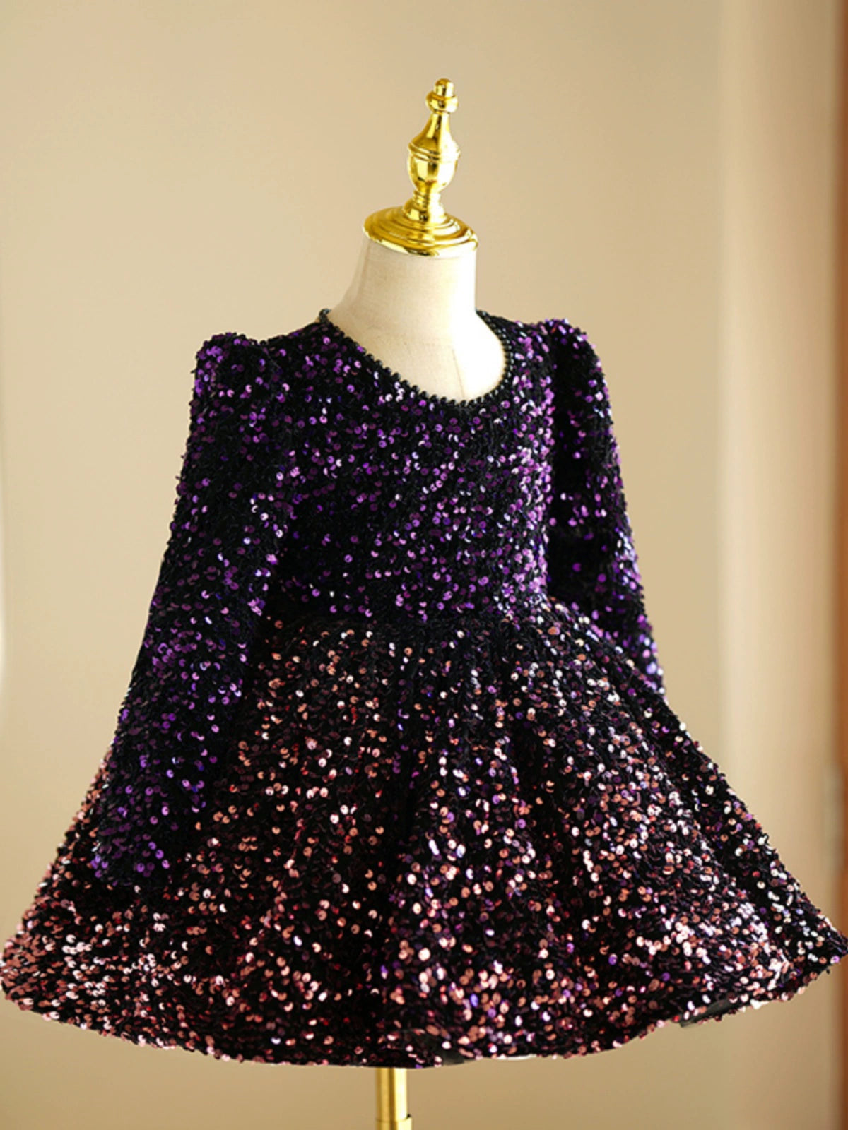 Princess Purple Sequined Back Zip Baptism Bow(s) Tea Length Long Sleeve Round Flower Girl Dress