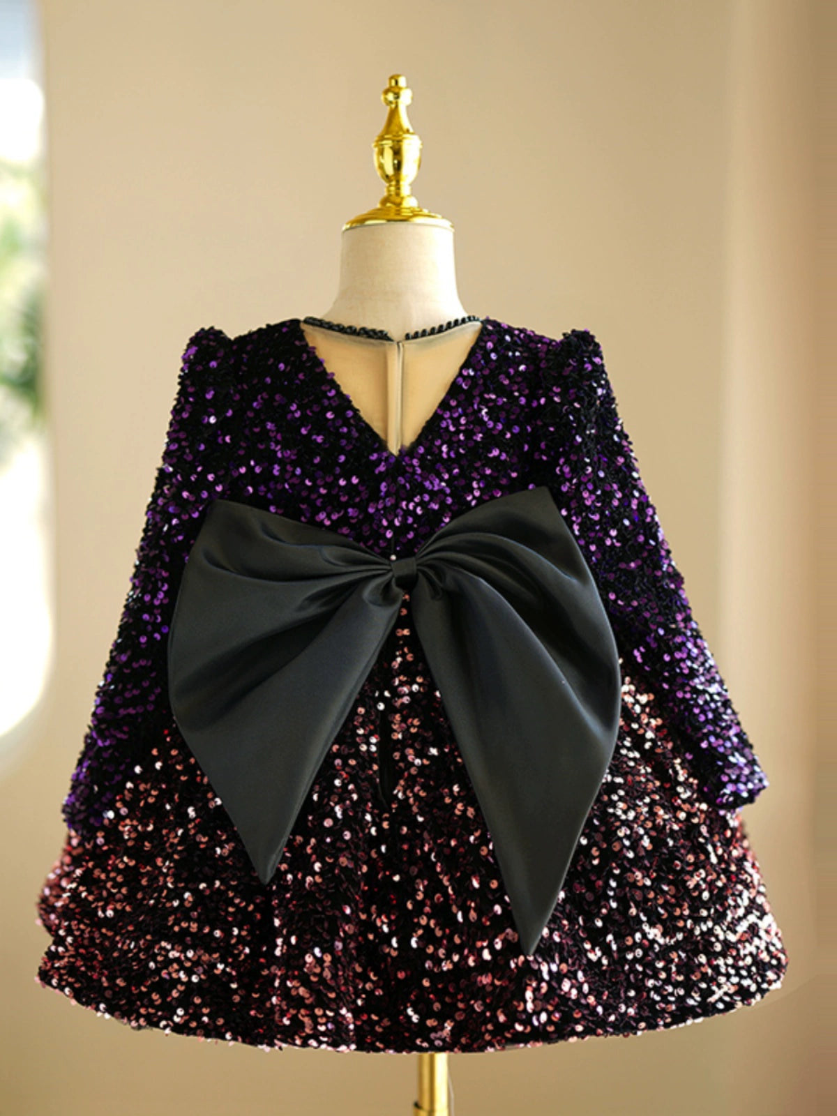 Princess Purple Sequined Back Zip Baptism Bow(s) Tea Length Long Sleeve Round Flower Girl Dress