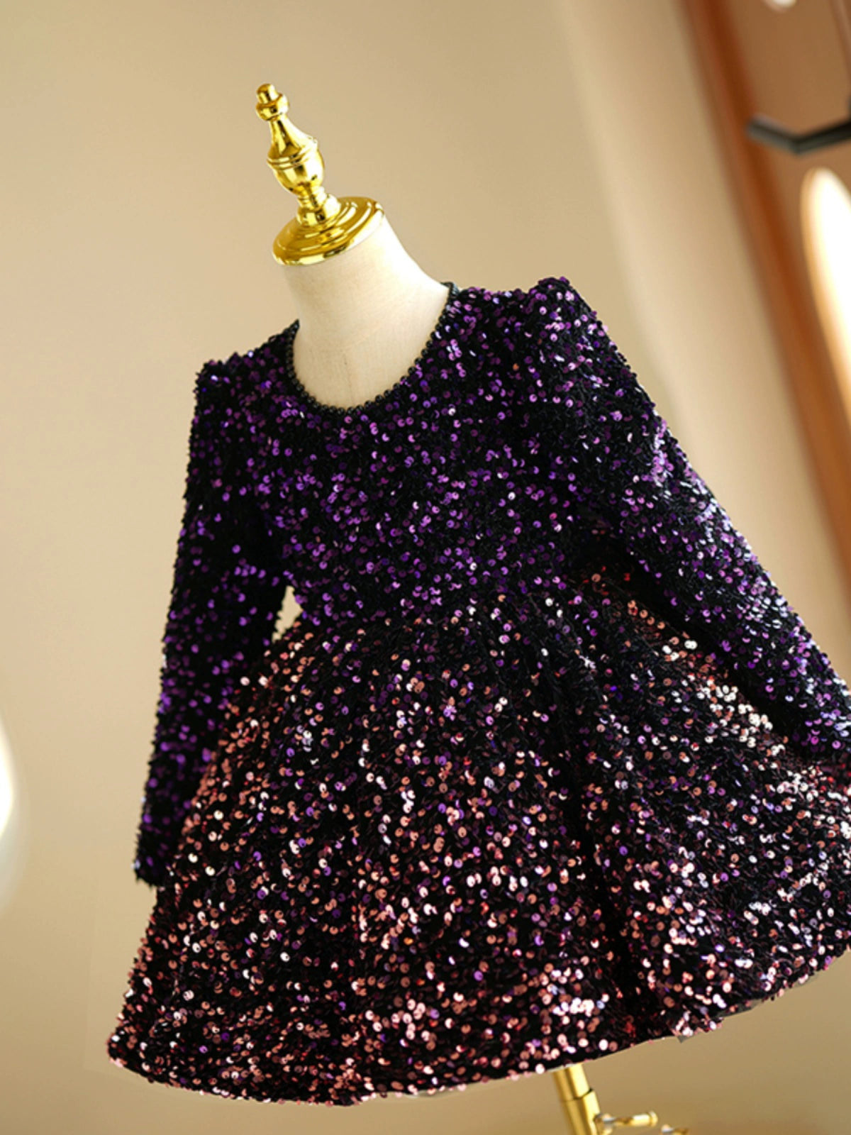 Princess Purple Sequined Back Zip Baptism Bow(s) Tea Length Long Sleeve Round Flower Girl Dress