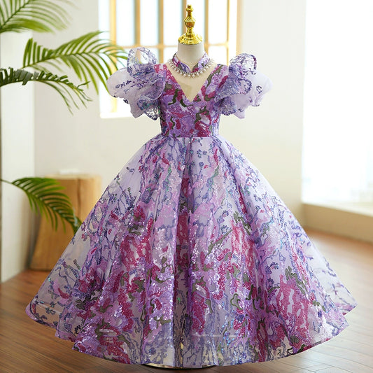 Princess Purple Sequined Crossed Straps Baptism Lace Floor Length Short Sleeve Cap Sleeve V-Neck Flower Girl Dress