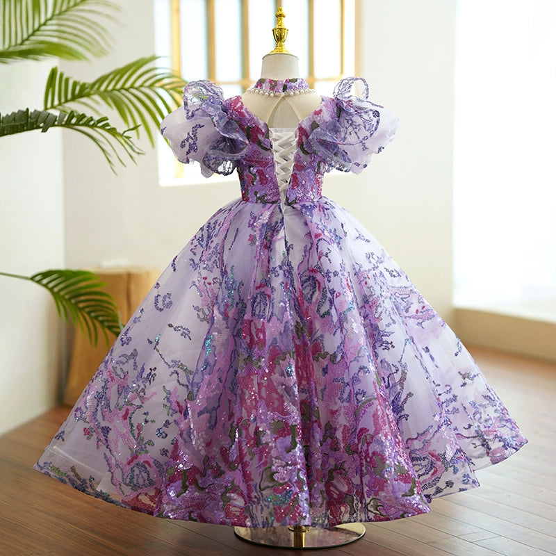 Princess Purple Sequined Crossed Straps Baptism Lace Floor Length Short Sleeve Cap Sleeve V-Neck Flower Girl Dress
