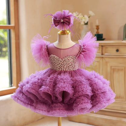 Princess Purple Tulle Back Zip Baptism Beaded Tea Length Short Sleeve Cap Sleeve Round Flower Girl Dress