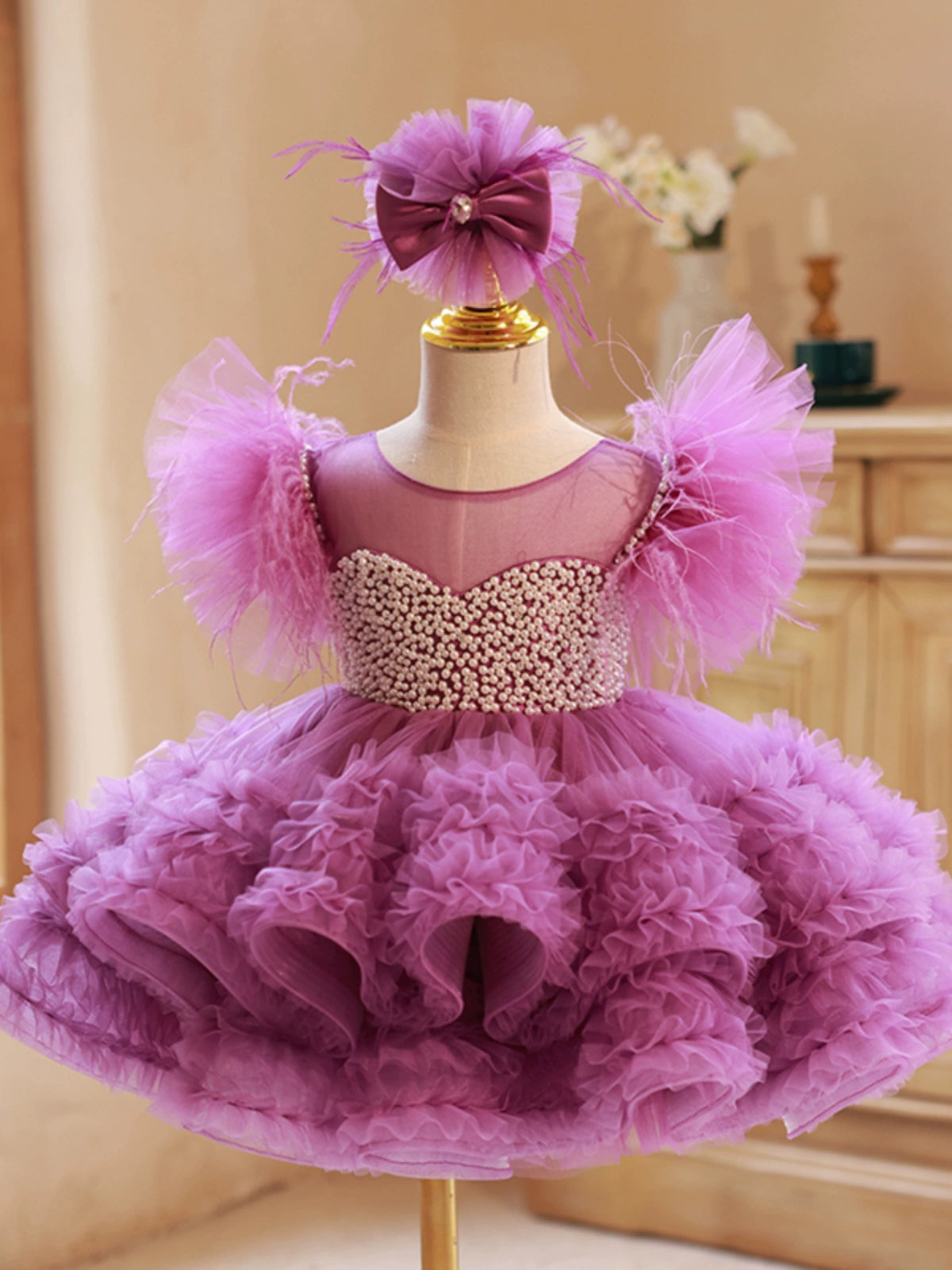 Princess Purple Tulle Back Zip Baptism Beaded Tea Length Short Sleeve Cap Sleeve Round Flower Girl Dress