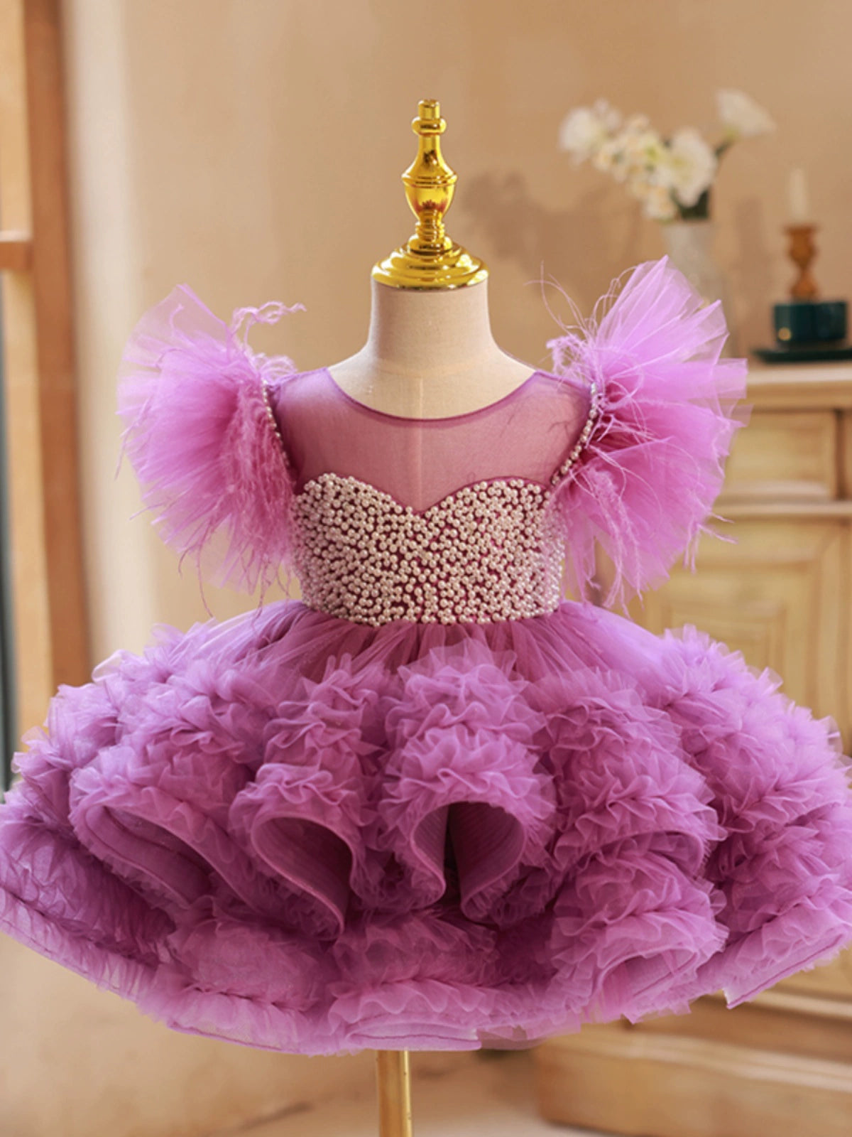 Princess Purple Tulle Back Zip Baptism Beaded Tea Length Short Sleeve Cap Sleeve Round Flower Girl Dress