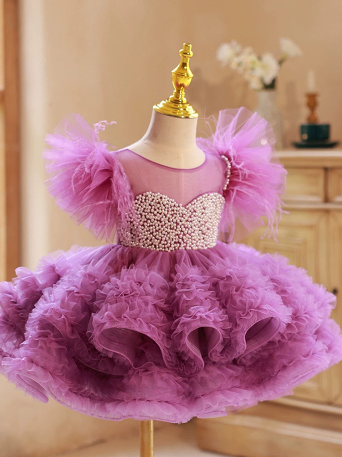 Princess Purple Tulle Back Zip Baptism Beaded Tea Length Short Sleeve Cap Sleeve Round Flower Girl Dress