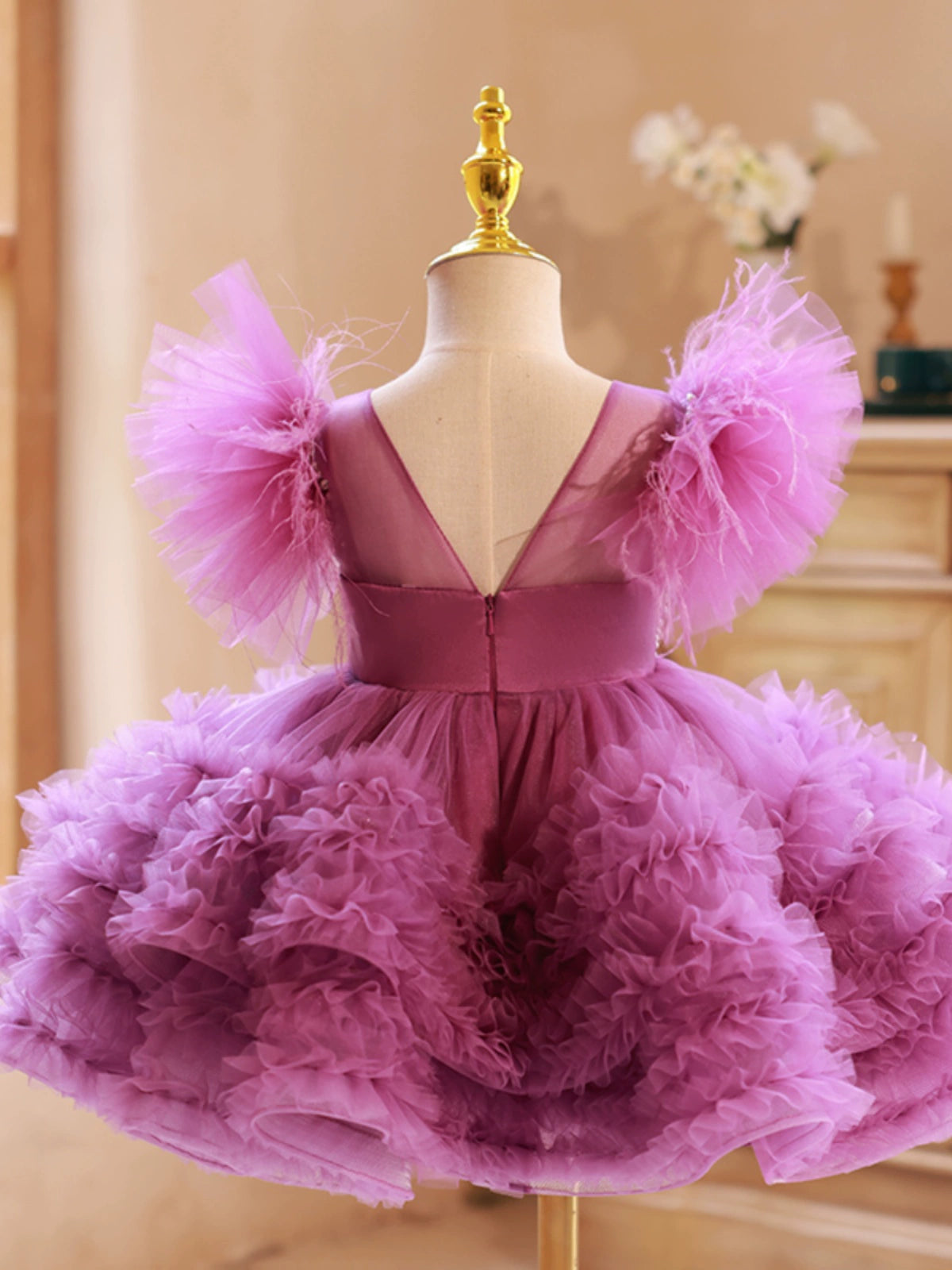Princess Purple Tulle Back Zip Baptism Beaded Tea Length Short Sleeve Cap Sleeve Round Flower Girl Dress