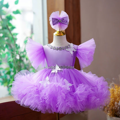 Princess Purple Tulle Back Zip Baptism Flower(s) Tea Length Short Sleeve Bell Sleeve Round Flower Girl Dress