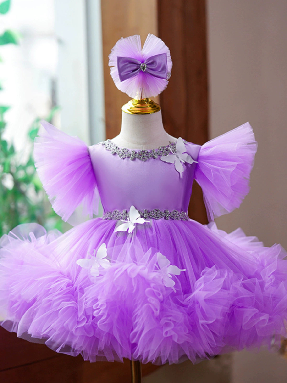 Princess Purple Tulle Back Zip Baptism Flower(s) Tea Length Short Sleeve Bell Sleeve Round Flower Girl Dress