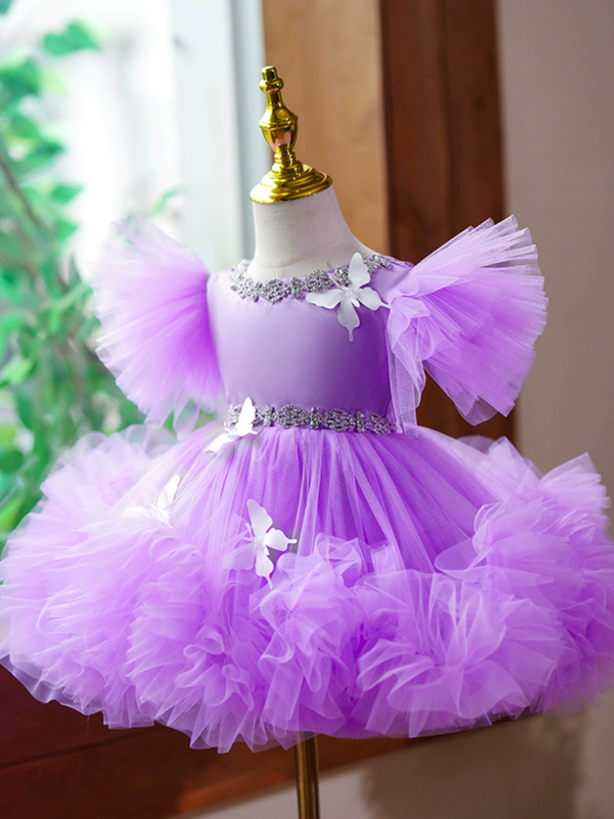 Princess Purple Tulle Back Zip Baptism Flower(s) Tea Length Short Sleeve Bell Sleeve Round Flower Girl Dress