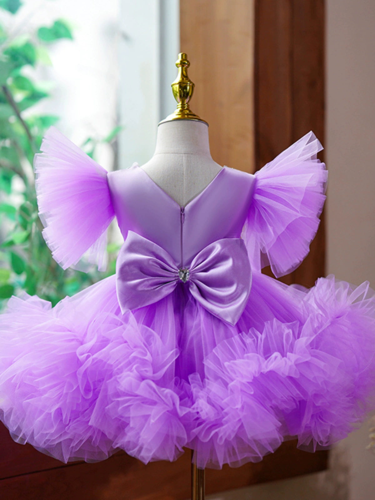 Princess Purple Tulle Back Zip Baptism Flower(s) Tea Length Short Sleeve Bell Sleeve Round Flower Girl Dress