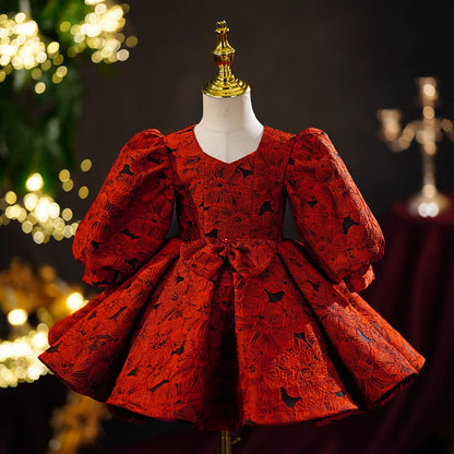 Princess Red Satin Back Zip Baptism Bow(s) Tea Length Long Sleeve Lantern Sleeve Square Flower Girl Dress