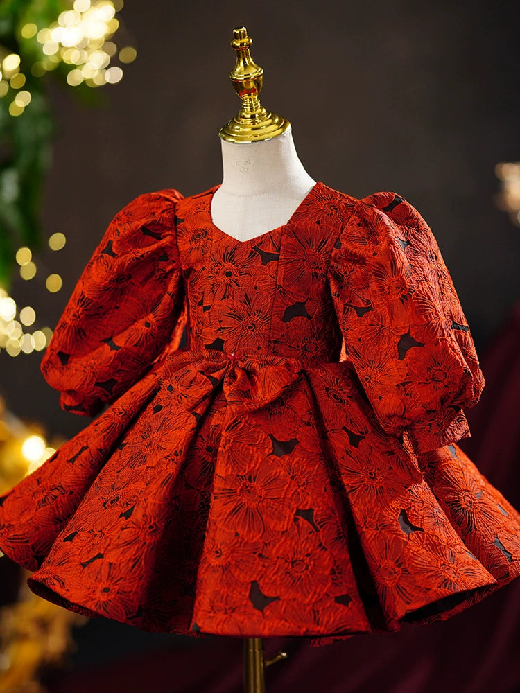 Princess Red Satin Back Zip Baptism Bow(s) Tea Length Long Sleeve Lantern Sleeve Square Flower Girl Dress
