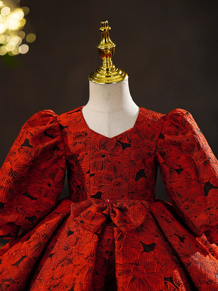 Princess Red Satin Back Zip Baptism Bow(s) Tea Length Long Sleeve Lantern Sleeve Square Flower Girl Dress