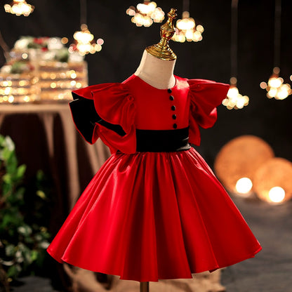 Princess Red Satin Back Zip Baptism Tea Length Short Sleeve Flutter Sleeve Round Flower Girl Dress