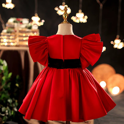 Princess Red Satin Back Zip Baptism Tea Length Short Sleeve Flutter Sleeve Round Flower Girl Dress