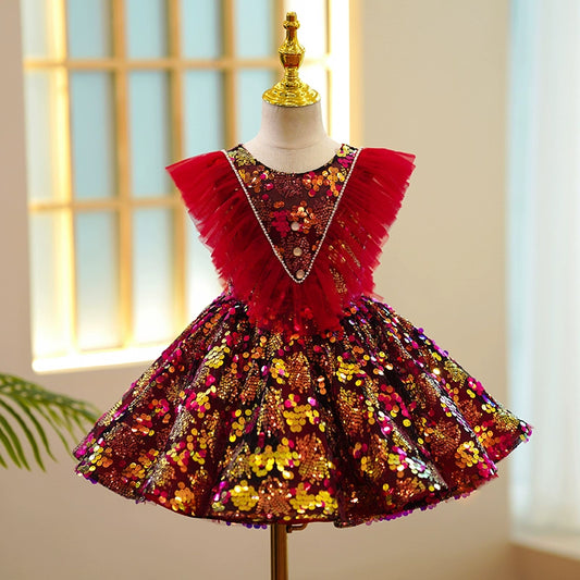 Princess Red Sequined Back Zip Baptism Sequin Tea Length Sleeveless Round Flower Girl Dress
