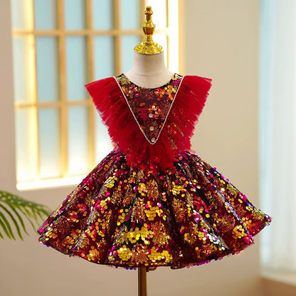 Princess Red Sequined Back Zip Baptism Sequin Tea Length Sleeveless Round Flower Girl Dress