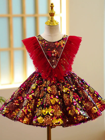 Princess Red Sequined Back Zip Baptism Sequin Tea Length Sleeveless Round Flower Girl Dress