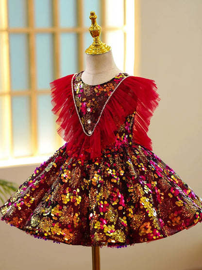 Princess Red Sequined Back Zip Baptism Sequin Tea Length Sleeveless Round Flower Girl Dress