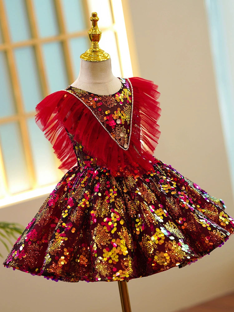 Princess Red Sequined Back Zip Baptism Sequin Tea Length Sleeveless Round Flower Girl Dress