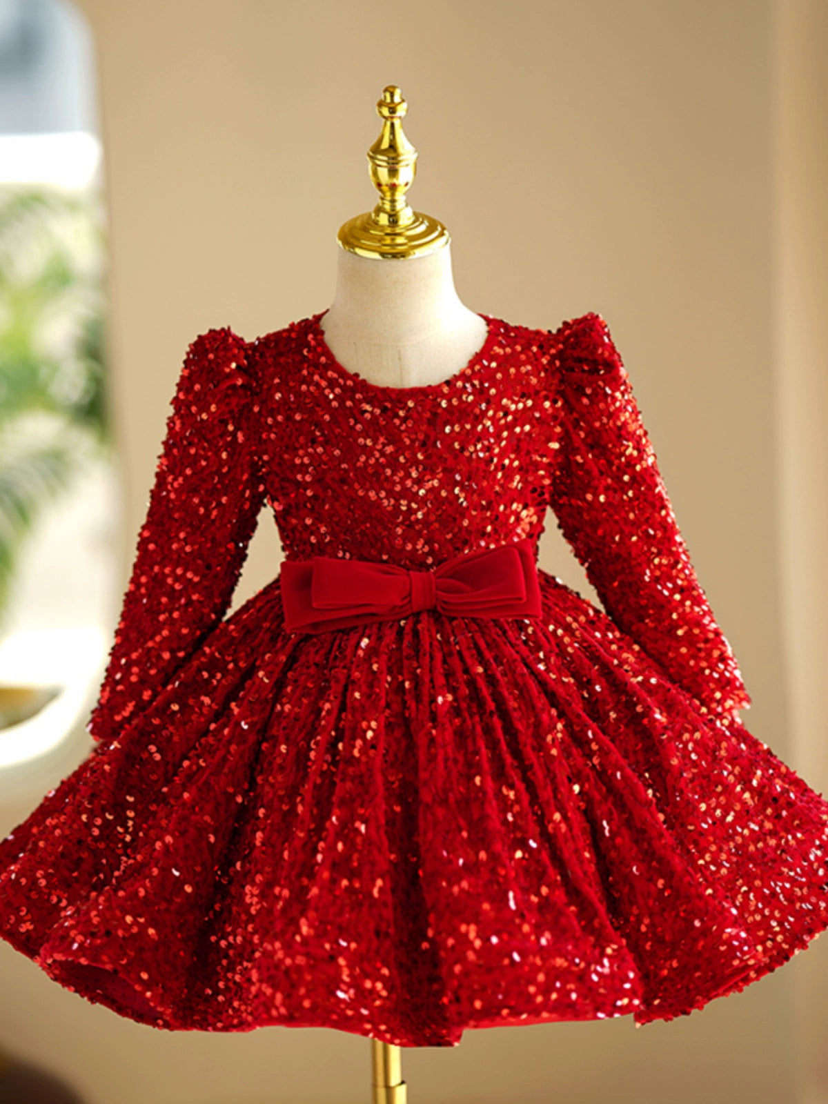 Princess Red Sequined Back Zip Baptism Sequins Tea Length Long Sleeve Round Flower Girl Dress