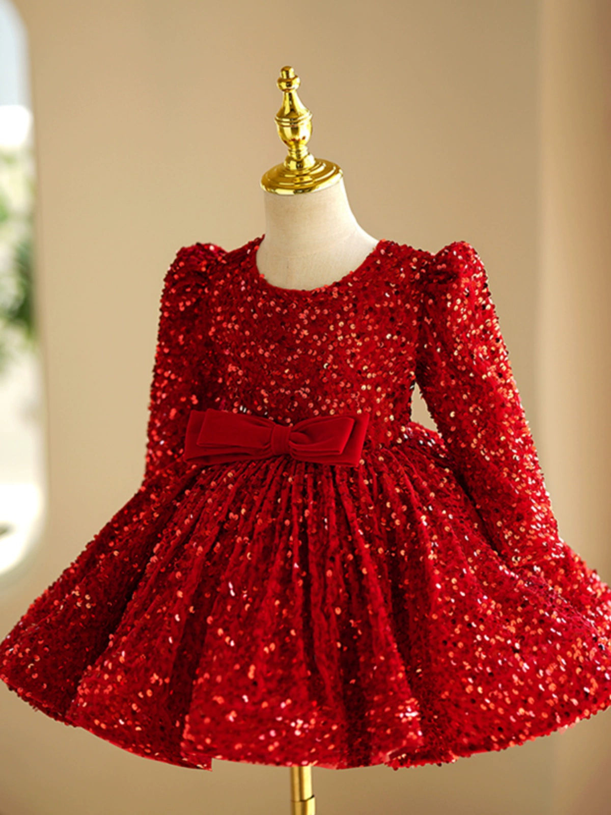 Princess Red Sequined Back Zip Baptism Sequins Tea Length Long Sleeve Round Flower Girl Dress