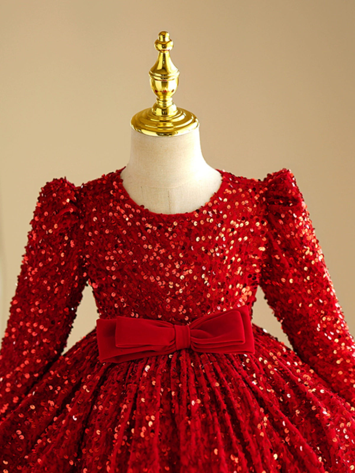 Princess Red Sequined Back Zip Baptism Sequins Tea Length Long Sleeve Round Flower Girl Dress