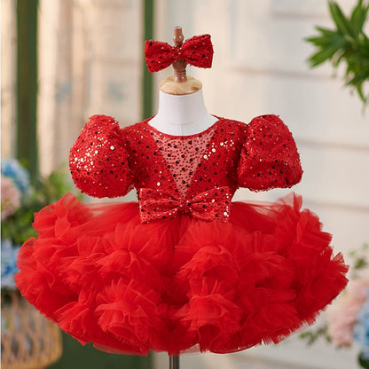 Princess Red Tulle Back Zip Baptism Bow(s) Tea Length Short Sleeve Puff Sleeve Round Flower Girl Dress