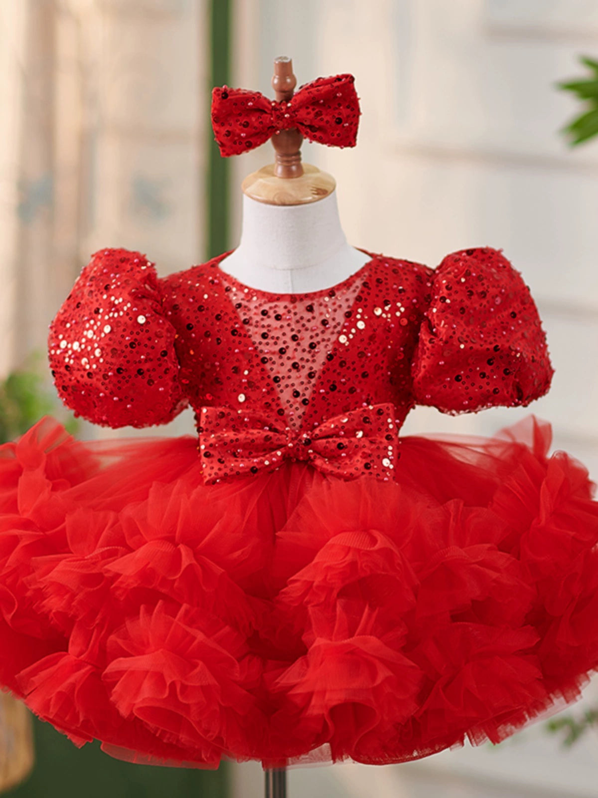 Princess Red Tulle Back Zip Baptism Bow(s) Tea Length Short Sleeve Puff Sleeve Round Flower Girl Dress