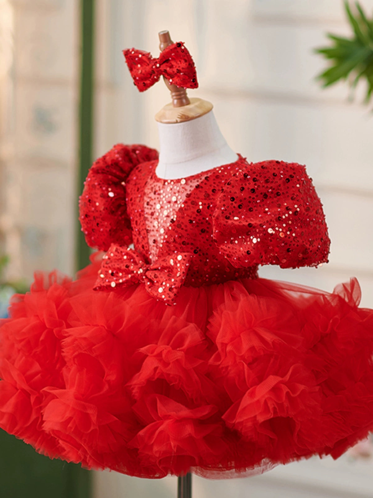 Princess Red Tulle Back Zip Baptism Bow(s) Tea Length Short Sleeve Puff Sleeve Round Flower Girl Dress