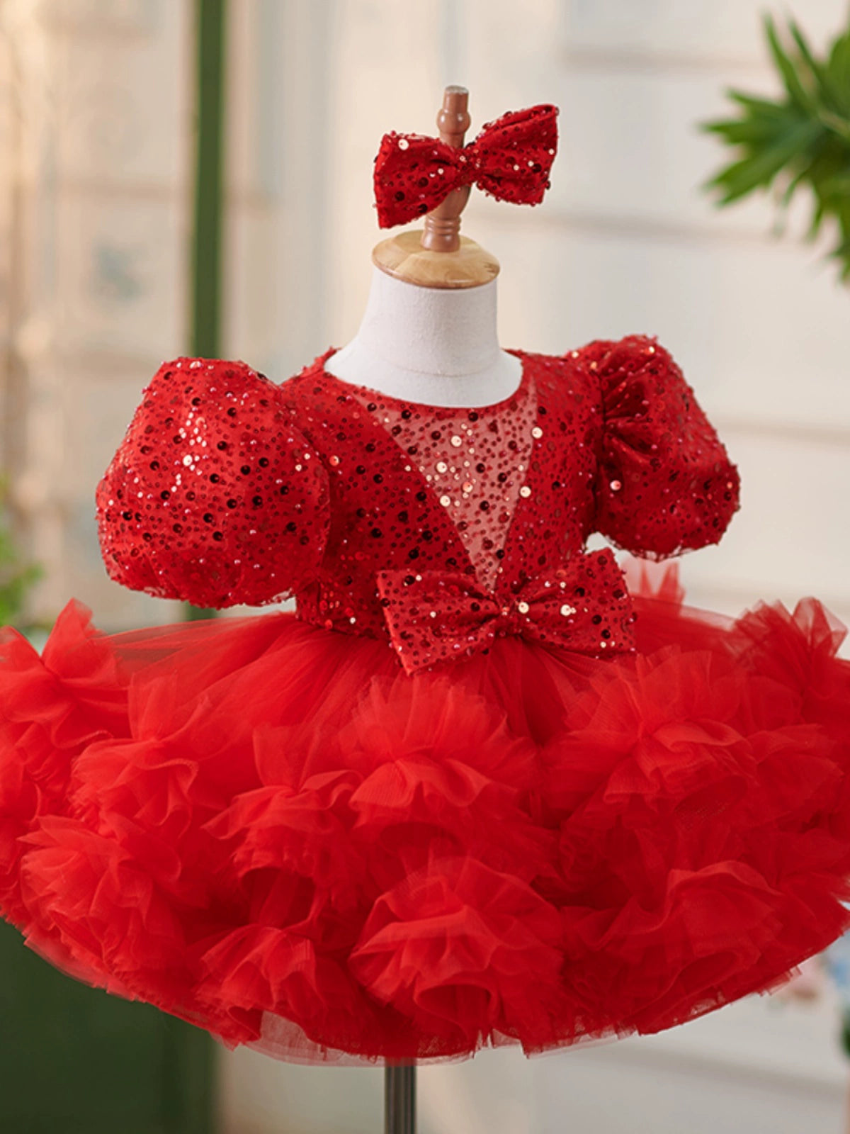 Princess Red Tulle Back Zip Baptism Bow(s) Tea Length Short Sleeve Puff Sleeve Round Flower Girl Dress
