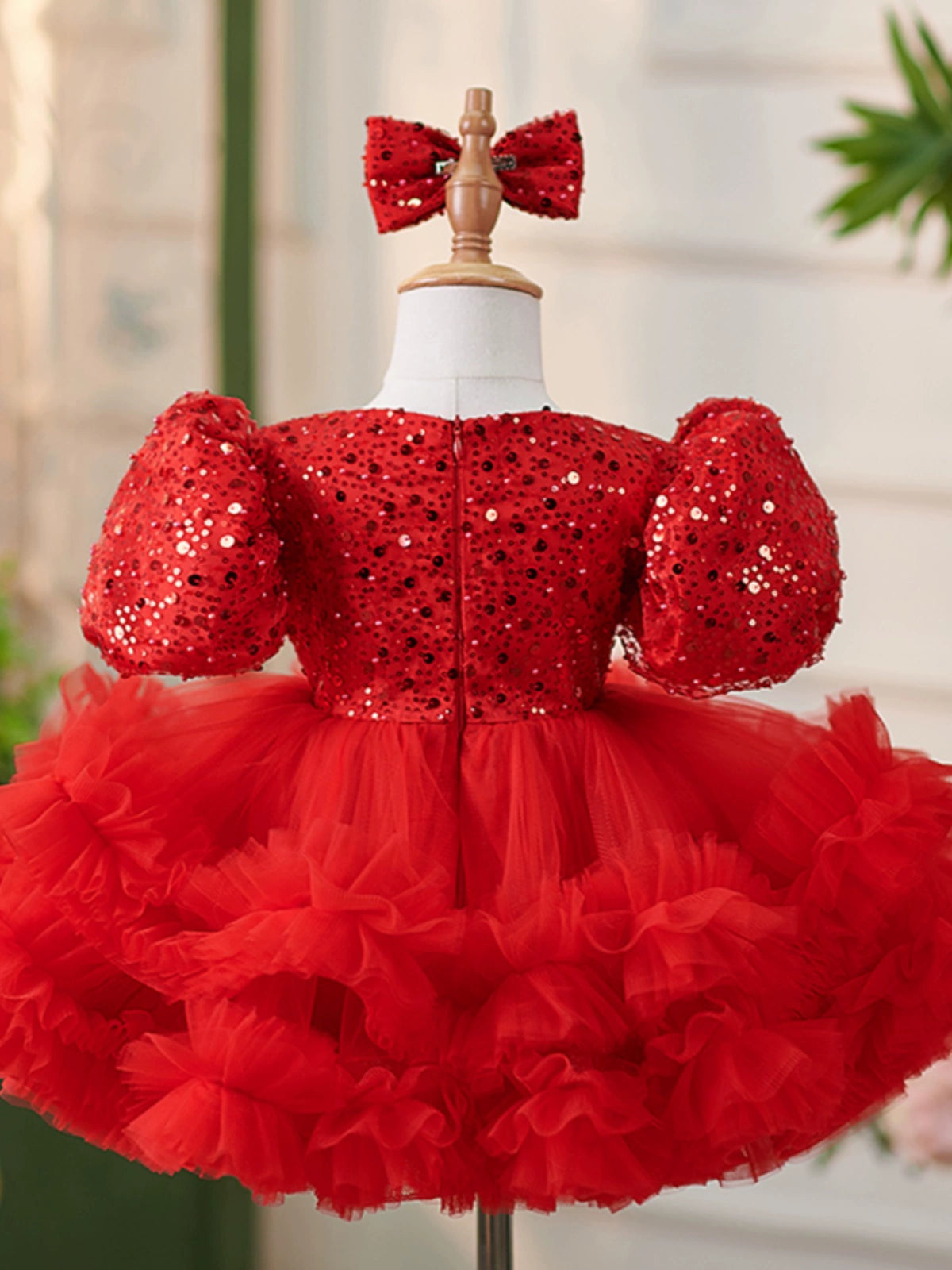 Princess Red Tulle Back Zip Baptism Bow(s) Tea Length Short Sleeve Puff Sleeve Round Flower Girl Dress