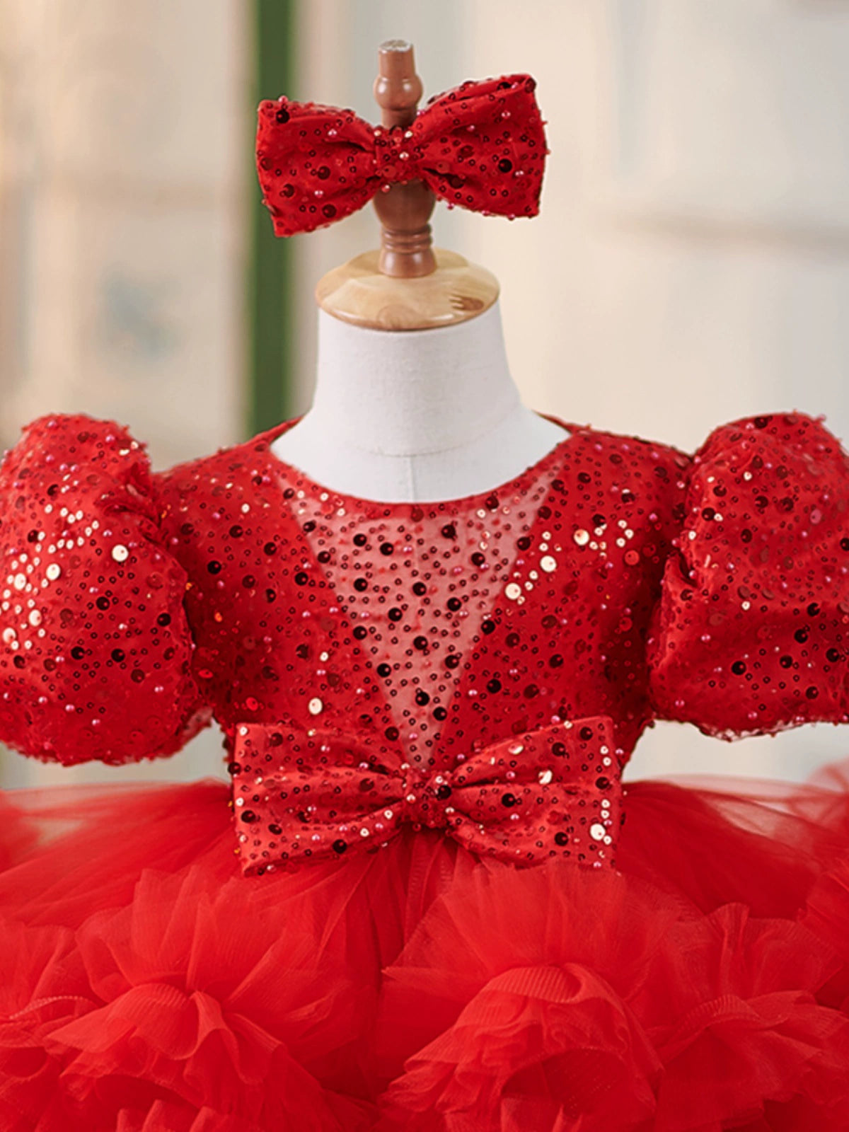 Princess Red Tulle Back Zip Baptism Bow(s) Tea Length Short Sleeve Puff Sleeve Round Flower Girl Dress