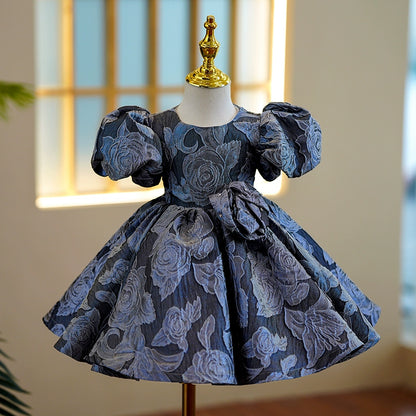 Princess Royal Blue Satin Back Zip Baptism Tea Length Short Sleeve Puff Sleeve Round Flower Girl Dress