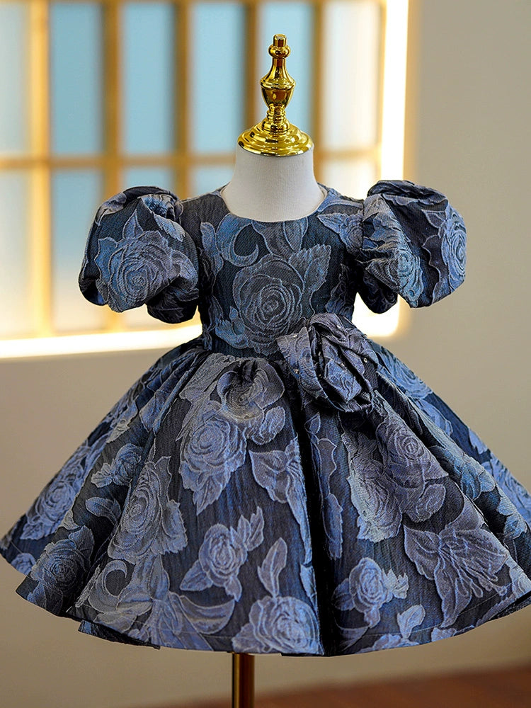 Princess Royal Blue Satin Back Zip Baptism Tea Length Short Sleeve Puff Sleeve Round Flower Girl Dress