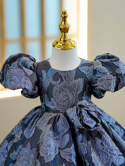 Princess Royal Blue Satin Back Zip Baptism Tea Length Short Sleeve Puff Sleeve Round Flower Girl Dress